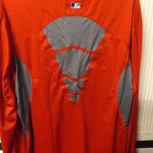 2XL, NIKE, DRI FIT, RED/GRAY LONG SLEEVE PULLOEVER JERSEY. POLYESTER/SPANDEX